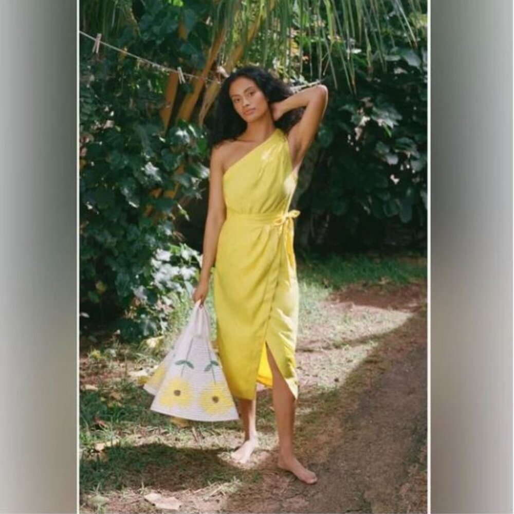 Anthopologie Yellow One Shoulder Linen Dress Size Large With Tags